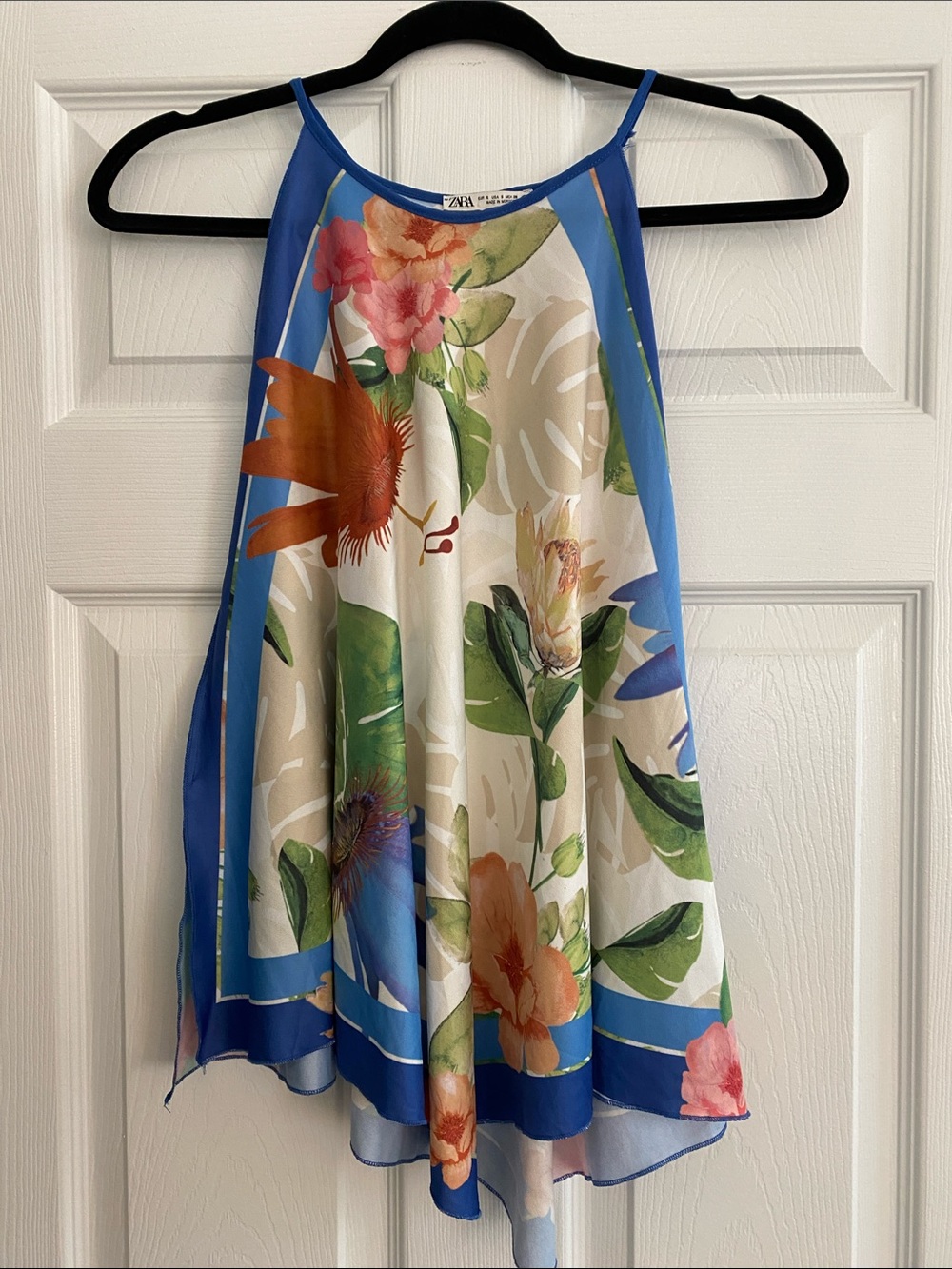 Zara Blue Floral Halter-Style Top with Multicolor Blooms Size Small